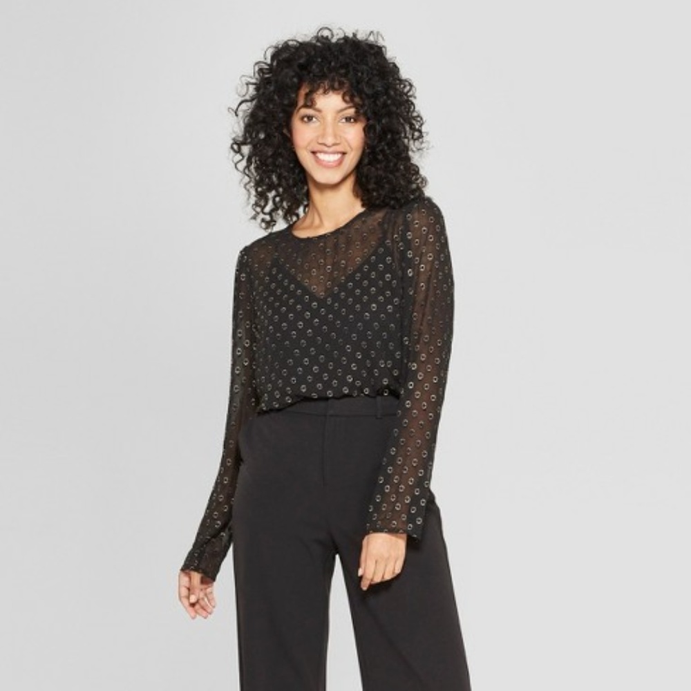 🎄HOLDAY Black Polka Dot Long Sleeve Sheer Blouse
